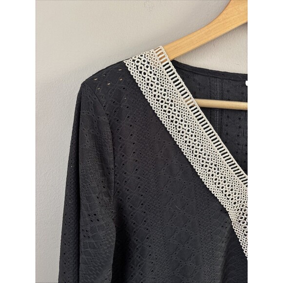 Women's Black Lace Blouse M Long Sleeve Stretch Tan Lace Accent Sheer Dressy Top - Picture 2 of 8